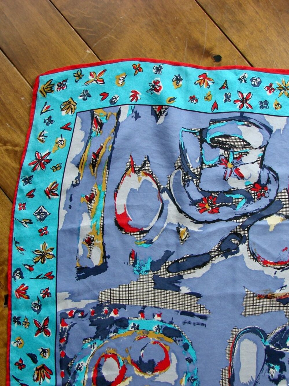 Vintage Perry Ellis 100% Silk Scarf Hand Rolled Japan Teapots Teacups Floral - Picture 8 of 15